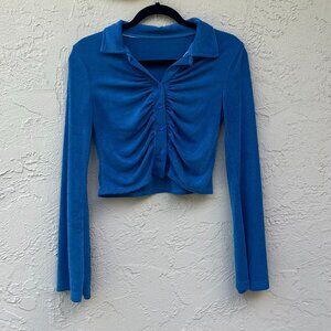 Blue Button-up with ruching and flared sleeves